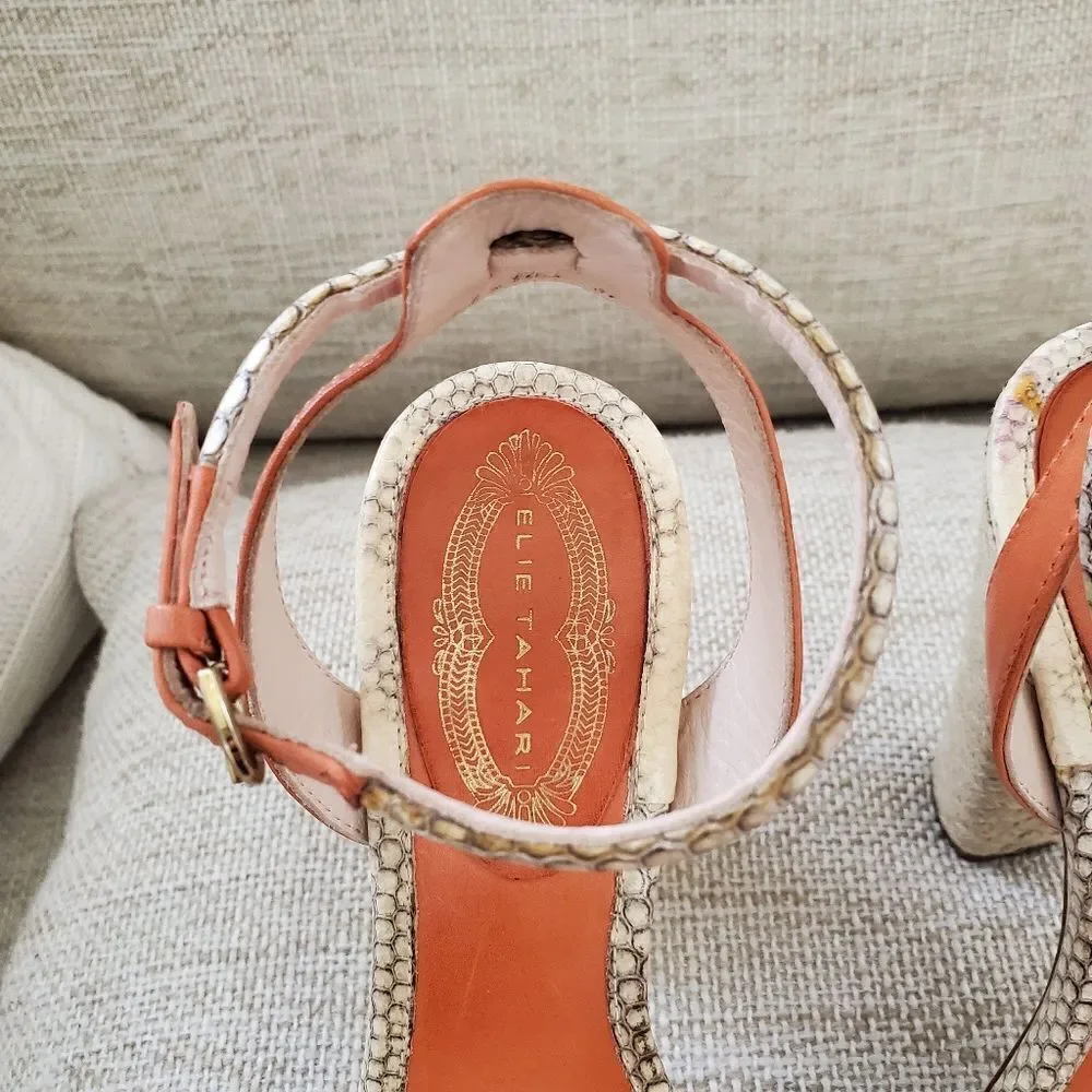 🌠 ELIE TAHARI 🌠 Snakeskin Leather Straw Platform Heels Sandals - [Size 6.5]